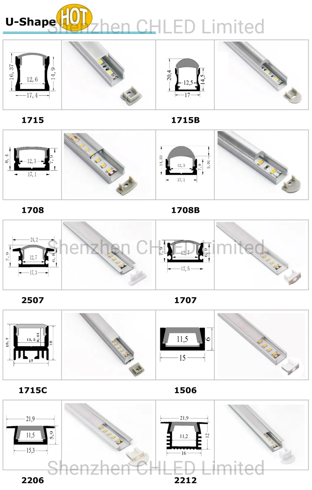 1506 2206 Aluminum U Slot and V Slot Profile Aluminum for Rigid LED Linear Lighting Bar