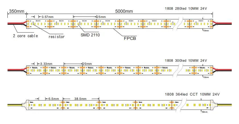 DC24V 280LEDs/M 5m/Roll 6000K Cold White High Lumen Flexible SMD1808 LED Strip for 10mm FPC Width LED Neon Tube and LED Aluminum Profiles