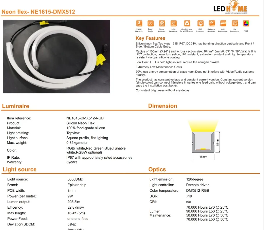 Stream Line-Pixel 16*15mm DMX RGB Sliicon Neon IP67 (Top View-Flat head)