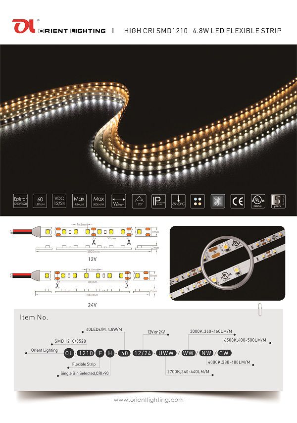 UL Ce 1210/3528 60LEDs 4.8W 12V 2700K IP20 LED Strip Light