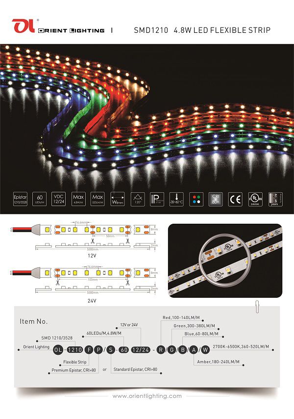 UL Ce 60 LEDs/M SMD1210 Flexible LED Strip Light