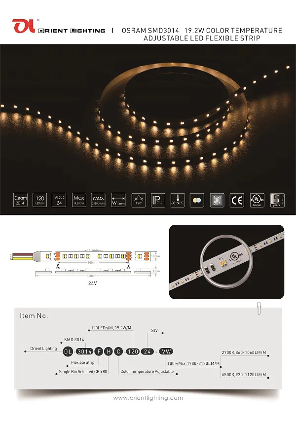 UL Ce Waterproof IP65 Osram3014 2700K~6500K 120LEDs/M LED Strip Light
